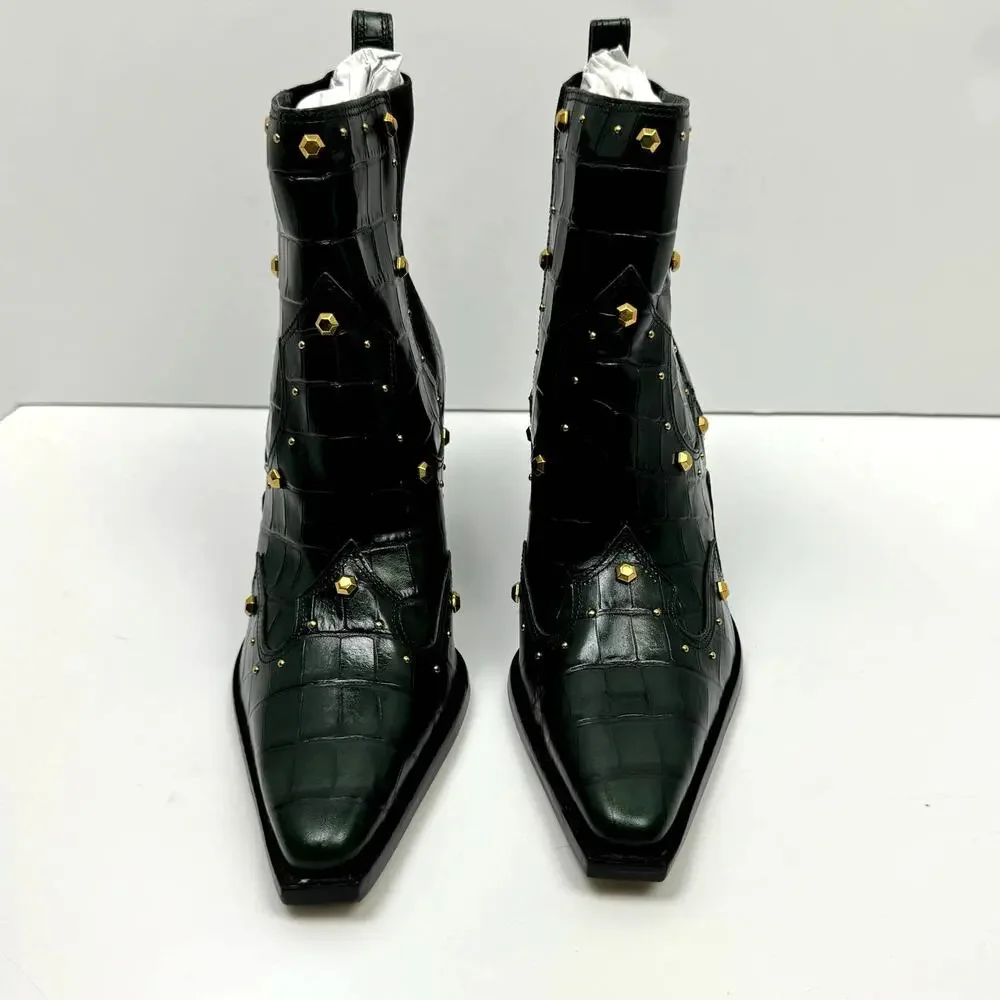 NEW Vince Camuto Norley Dark Green Crocodile Leather Gold Studded Ankle Booties